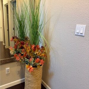 Tall Autumn Faux Grass and Maple Leaf Arrangement in Natural Woven Vase